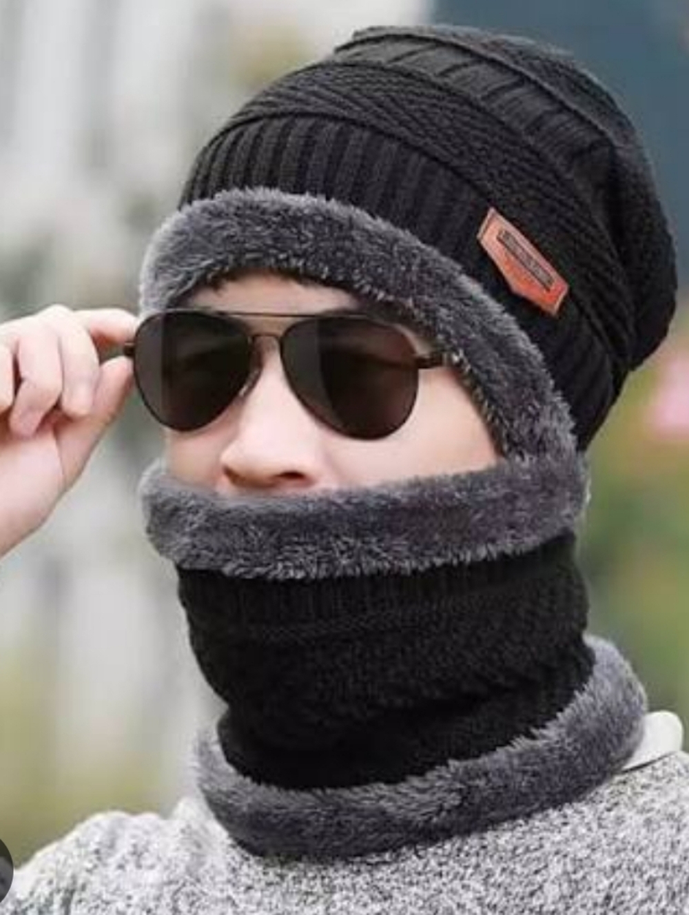 Pugs Olive Color Beanie With A Neck Warmer Fur